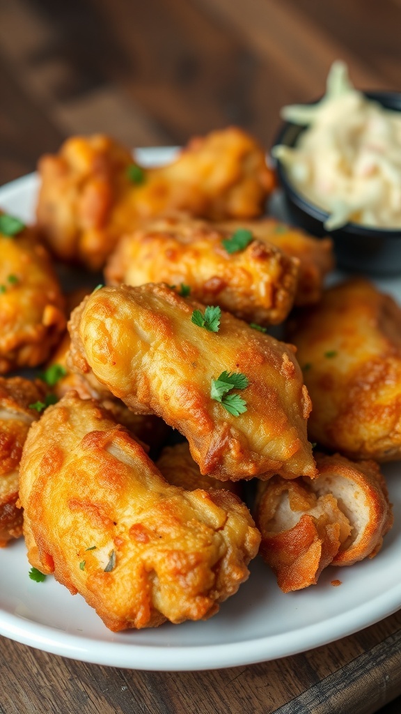 Crispy fried chicken pieces on a plate with coleslaw and dipping sauce.
